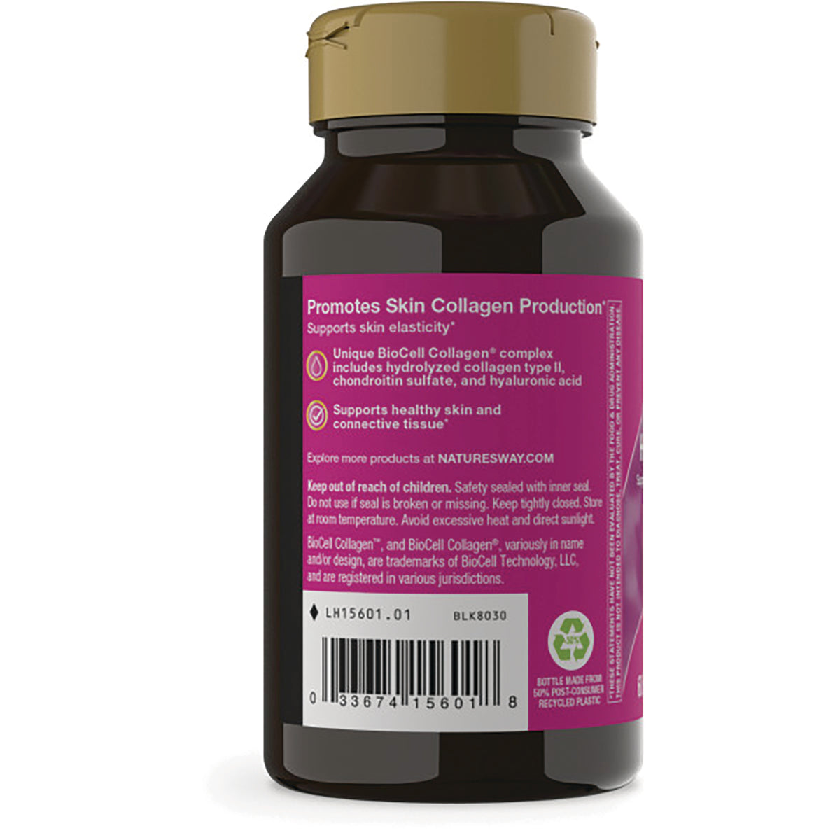 NW624 | Back of brown supplement bottle with pink label reading Promotes Skin Collagen Production and barcode