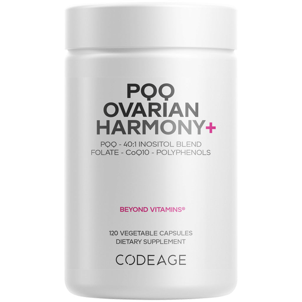CDG065 | white bottle of Codeage Ovarian Harmony+ supplement labeled POQ OVARIAN HARMONY+, 120 vegetable capsules - Thumbnail