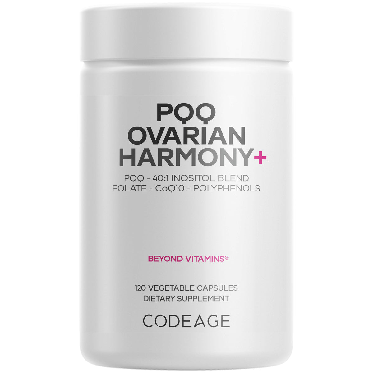 CDG065 | white bottle of Codeage Ovarian Harmony+ supplement labeled POQ OVARIAN HARMONY+, 120 vegetable capsules