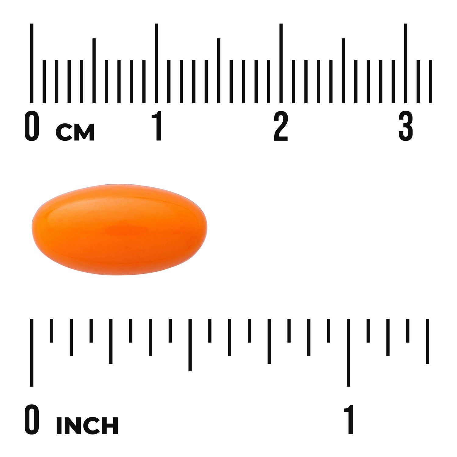 SWU347 | Orange softgel shown to scale with rulers in centimeters and inches