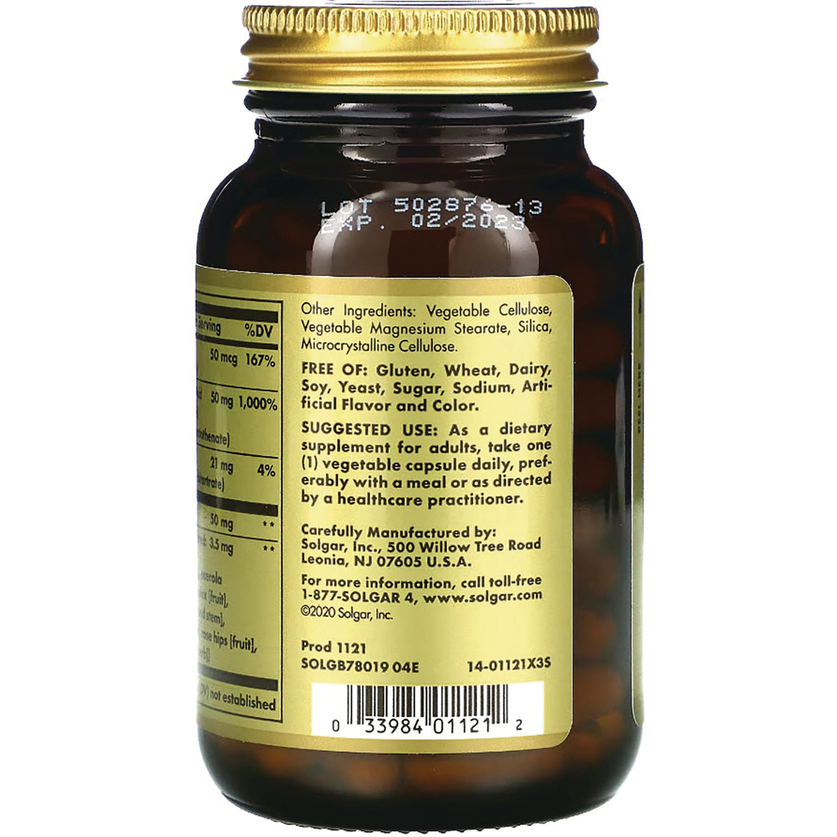 SLG208 | Back label of amber supplement bottle showing ingredients, suggested use, lot/exp info and barcode