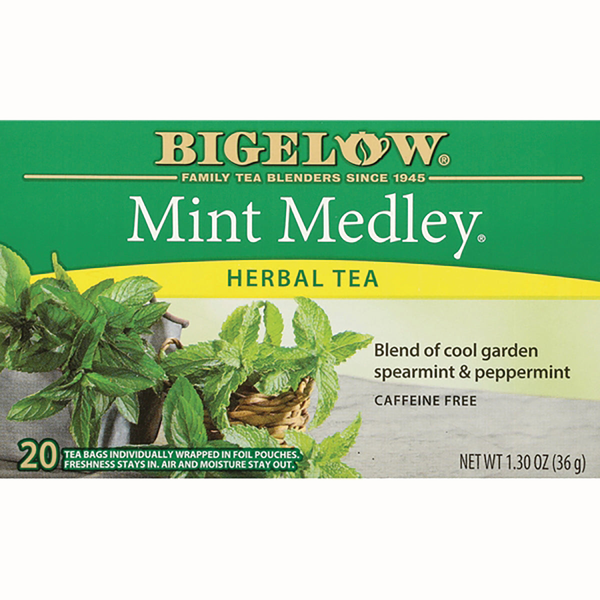 BGT003 | Bigelow Mint Medley herbal tea box front with mint leaves and text Blend of cool garden spearmint & peppermint