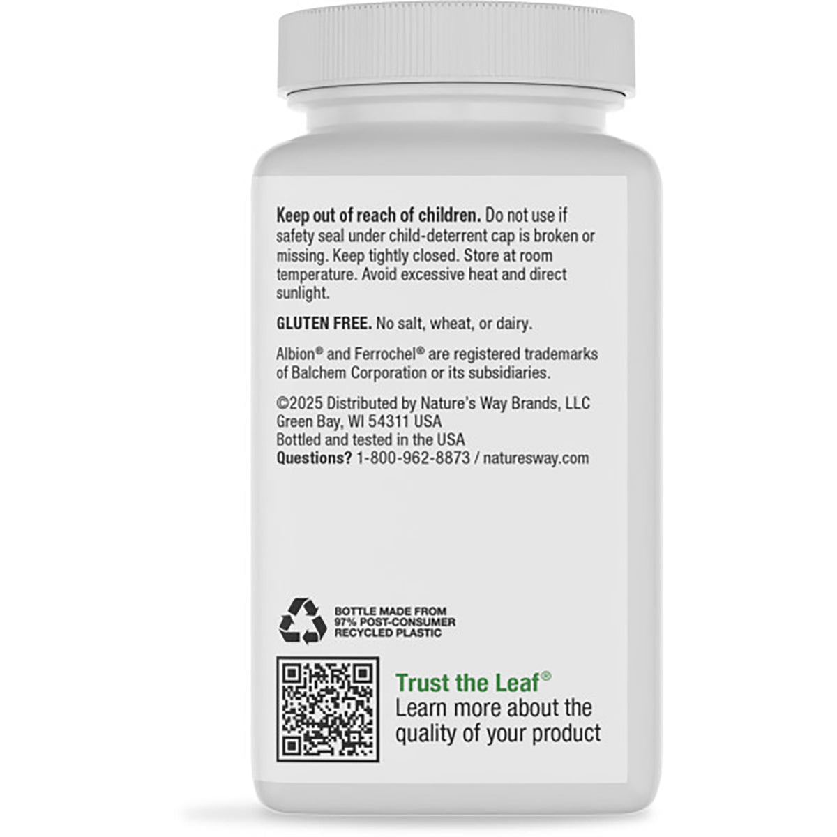 ET130 | Back label of brown supplement bottle with green panel reading Supports Healthy Red Blood Cells lists benefits, barcode and recycling symbol