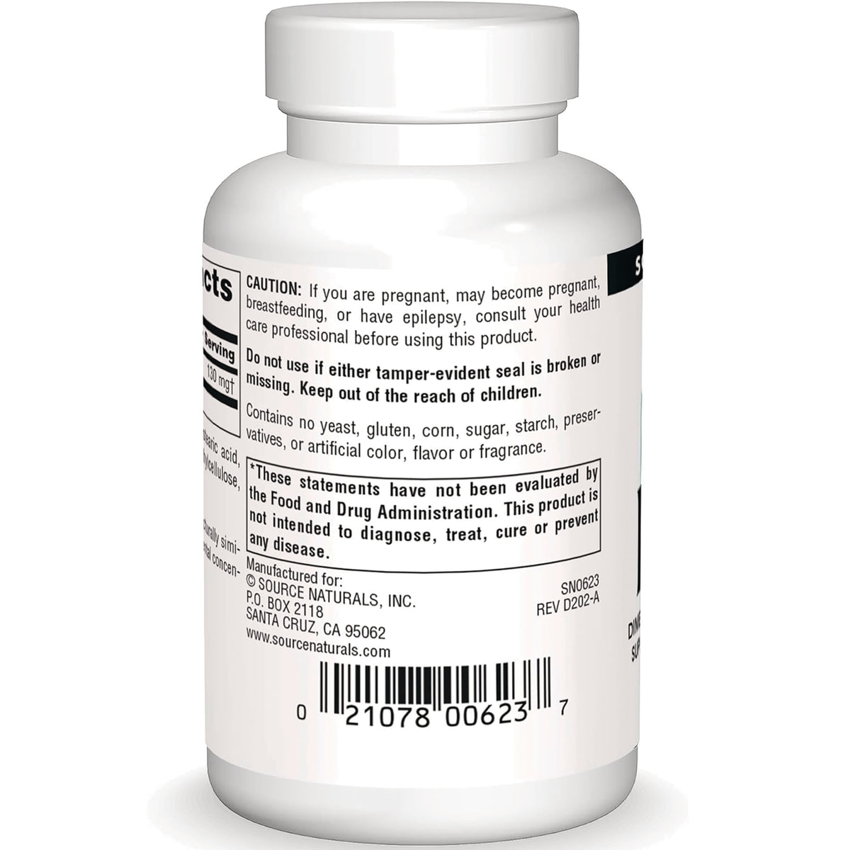 SN380 | Back label of Source Naturals supplement bottle with caution text, FDA disclaimer, and barcode