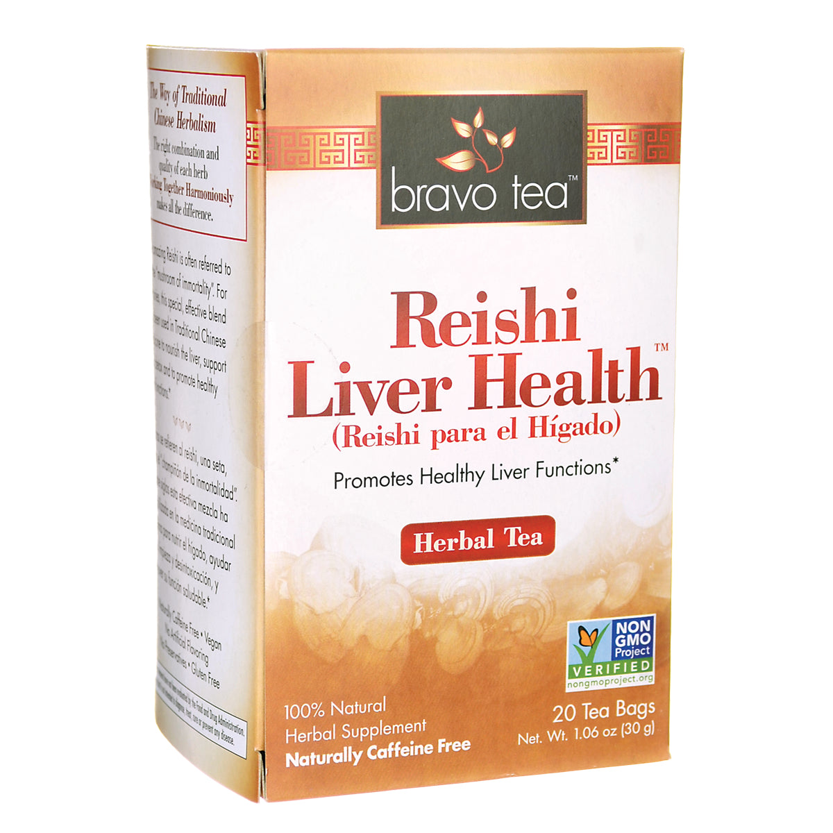 BVT008 | Bravo Tea Reishi Liver Health herbal tea box front showing Herbal Tea label and Non GMO Project Verified badge
