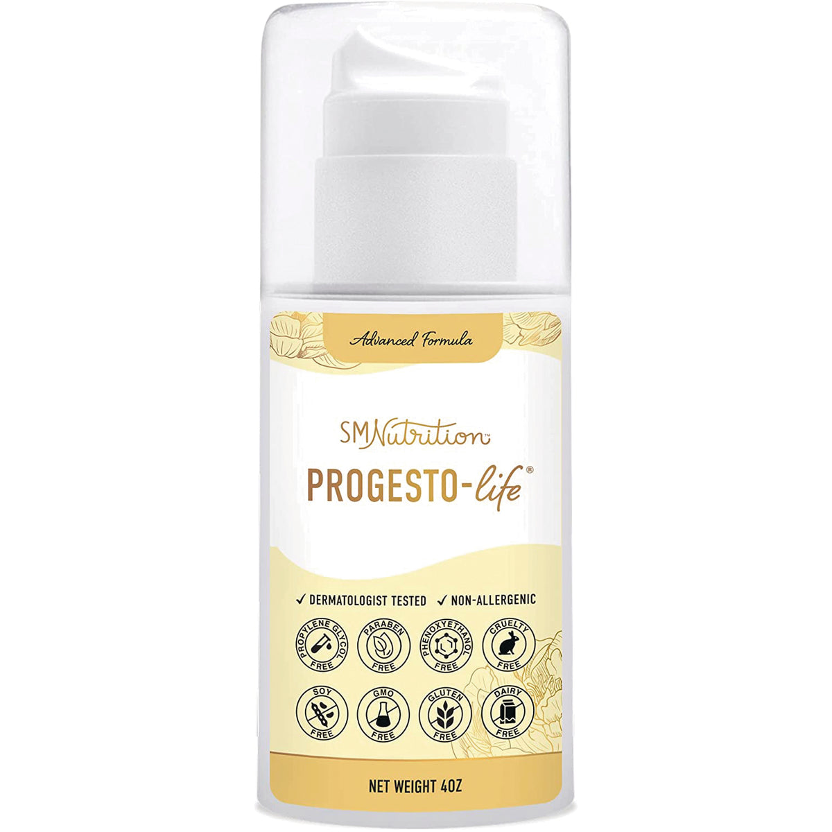 SMT008 | Front view pump bottle labeled SMNutrition PROGESTO-life advanced formula, yellow and white label, net weight 4oz