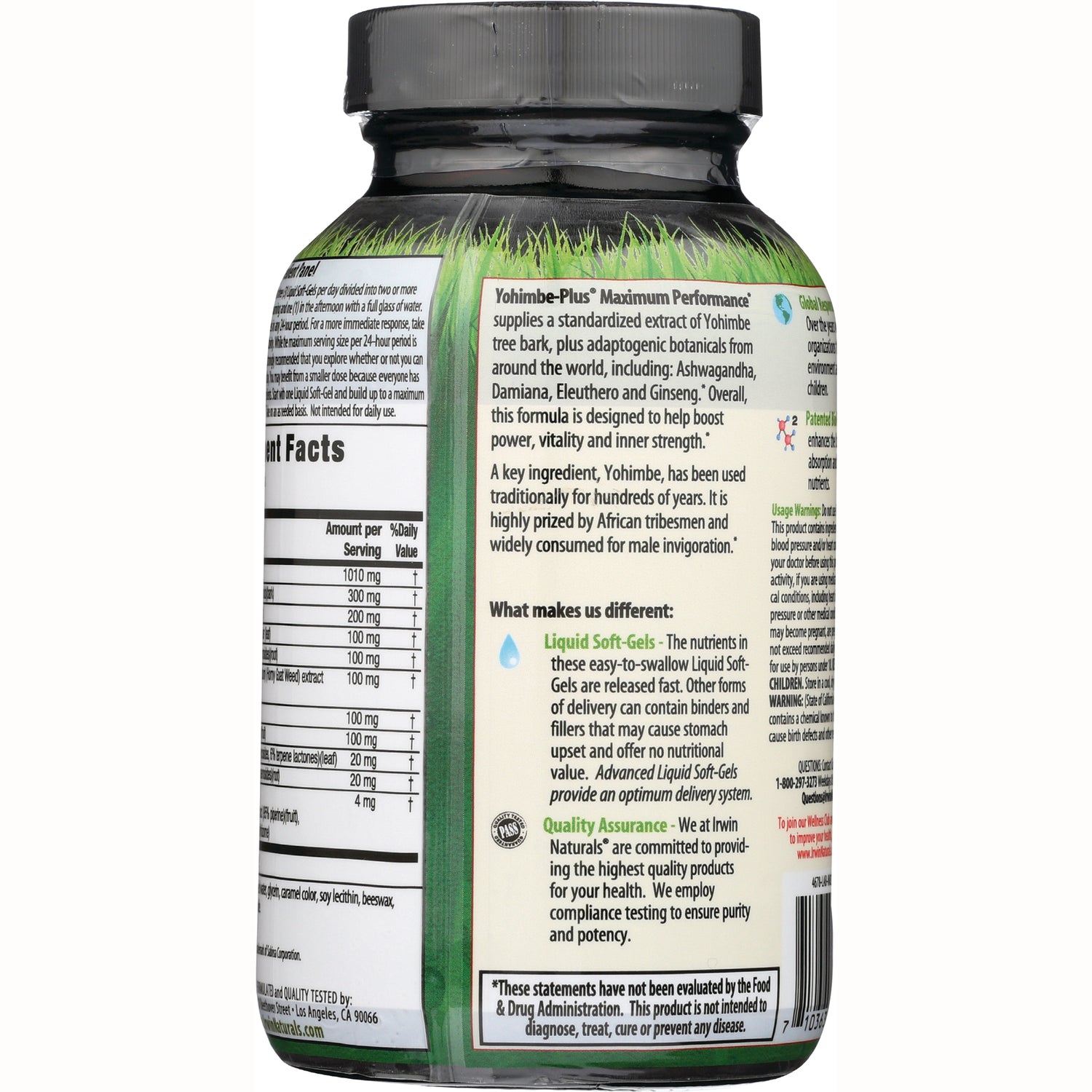 IR105 | Back label of Yohimbe-Plus supplement bottle showing supplement facts and product information