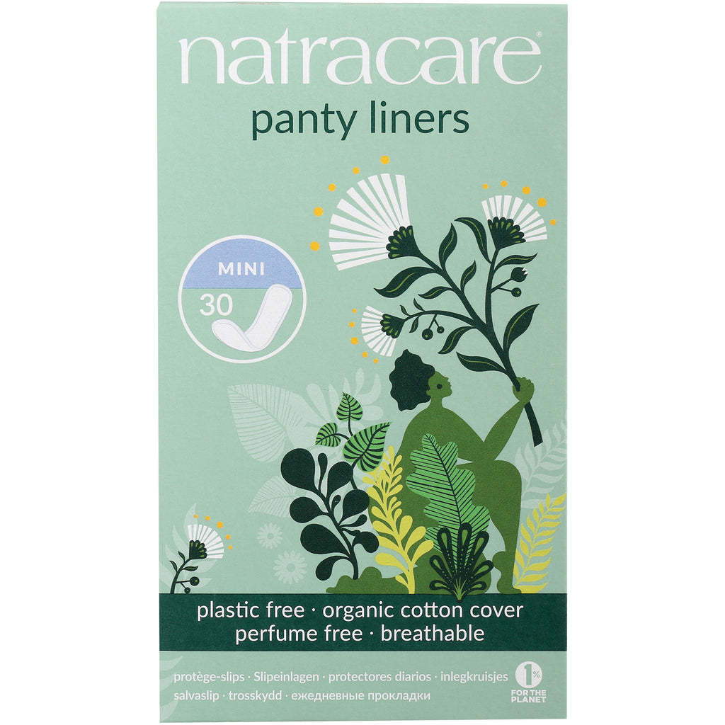 NCR011 | Natracare panty liners mini 30 box, green packaging with botanical illustration, plastic free organic cotton cover - Thumbnail
