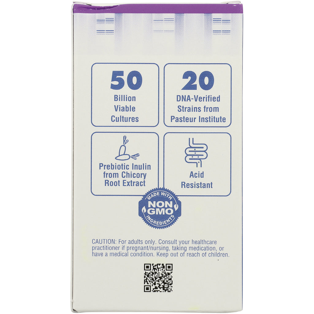 BLU148 | back of supplement box listing 50 Billion Viable Cultures, 20 DNA-Verified Strains, prebiotic inulin, acid resistant, non GMO badge - Thumbnail