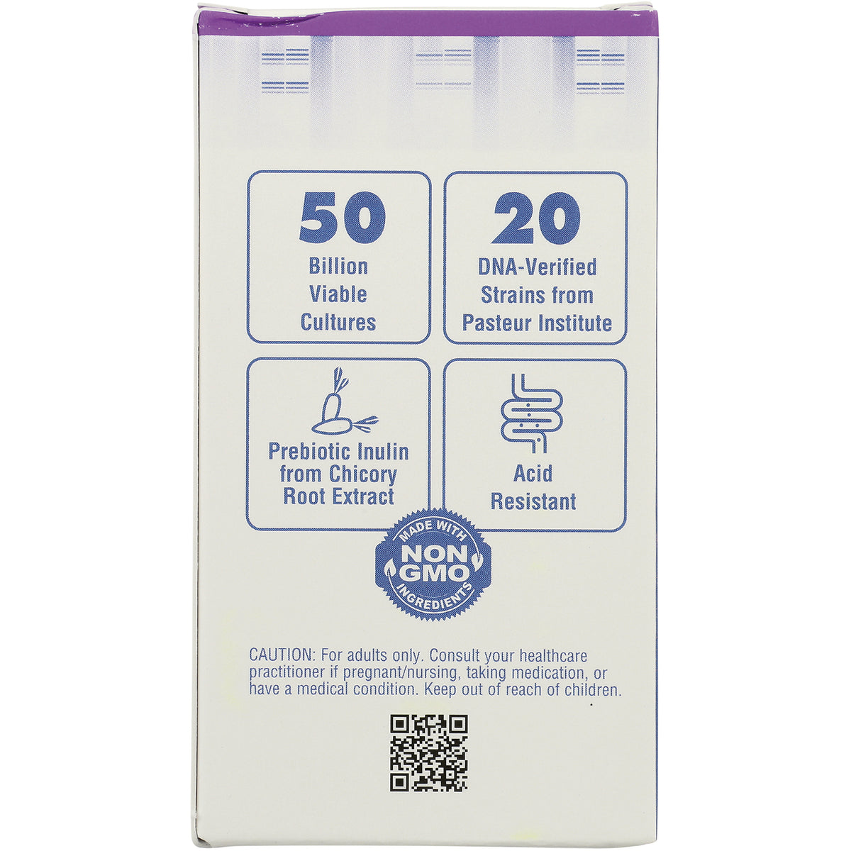BLU148 | back of supplement box listing 50 Billion Viable Cultures, 20 DNA-Verified Strains, prebiotic inulin, acid resistant, non GMO badge
