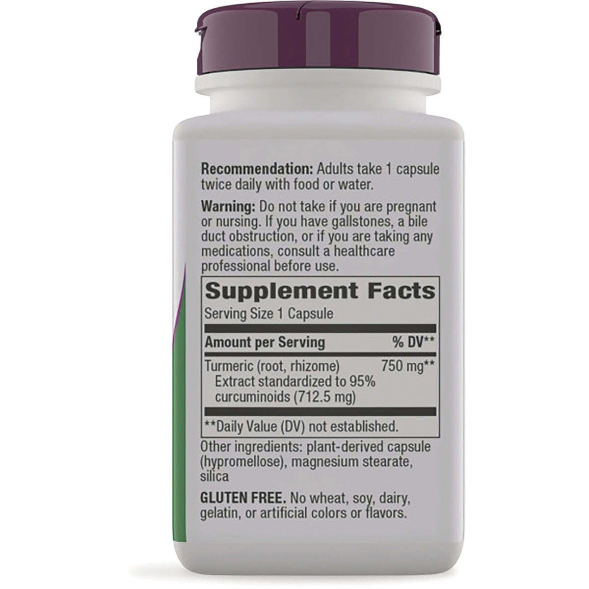 NW872 | Back label showing supplement facts, serving size 1 capsule, turmeric 750 mg, warnings and gluten free statement