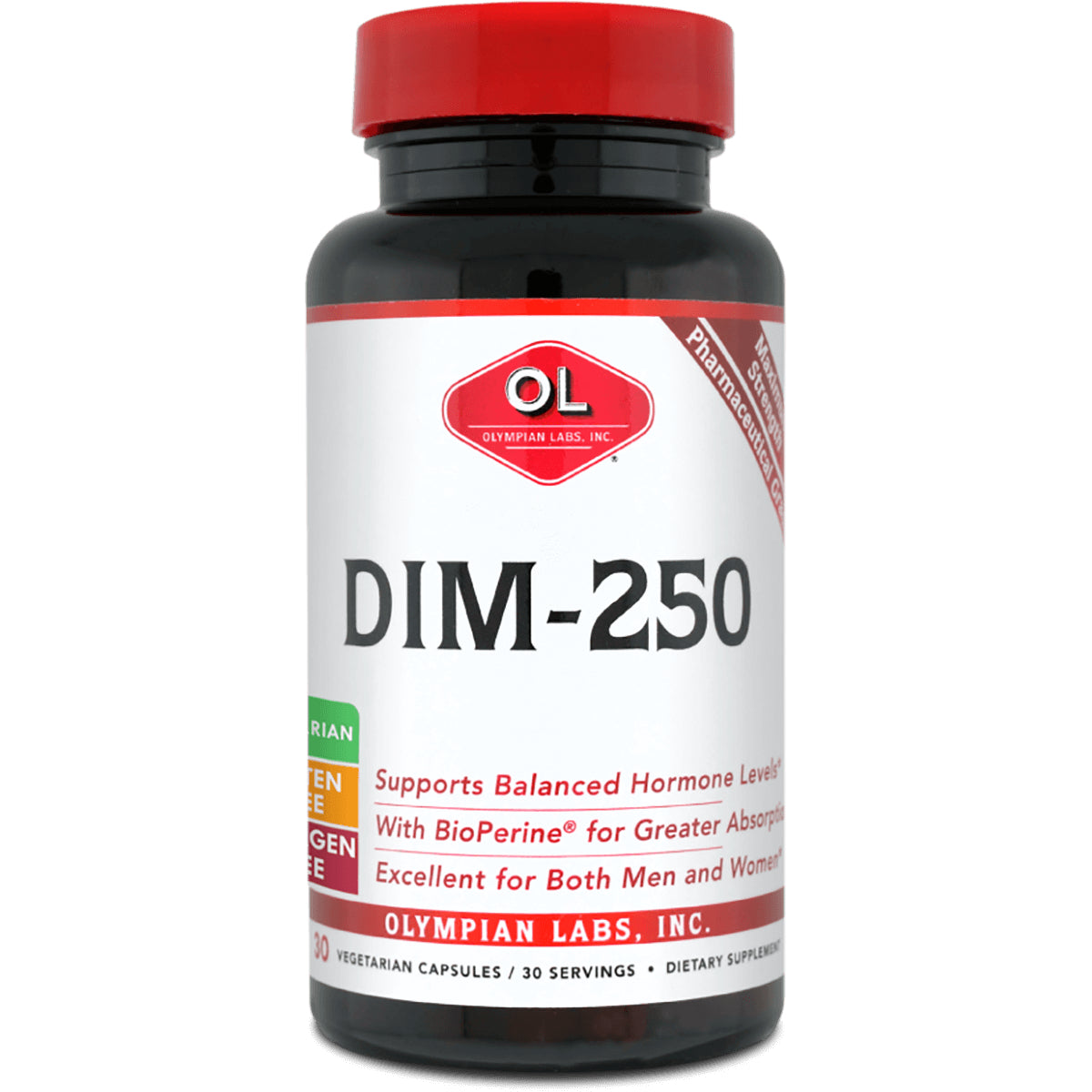 OL130 | Front view of DIM-250 supplement bottle by Olympian Labs with red cap and white label