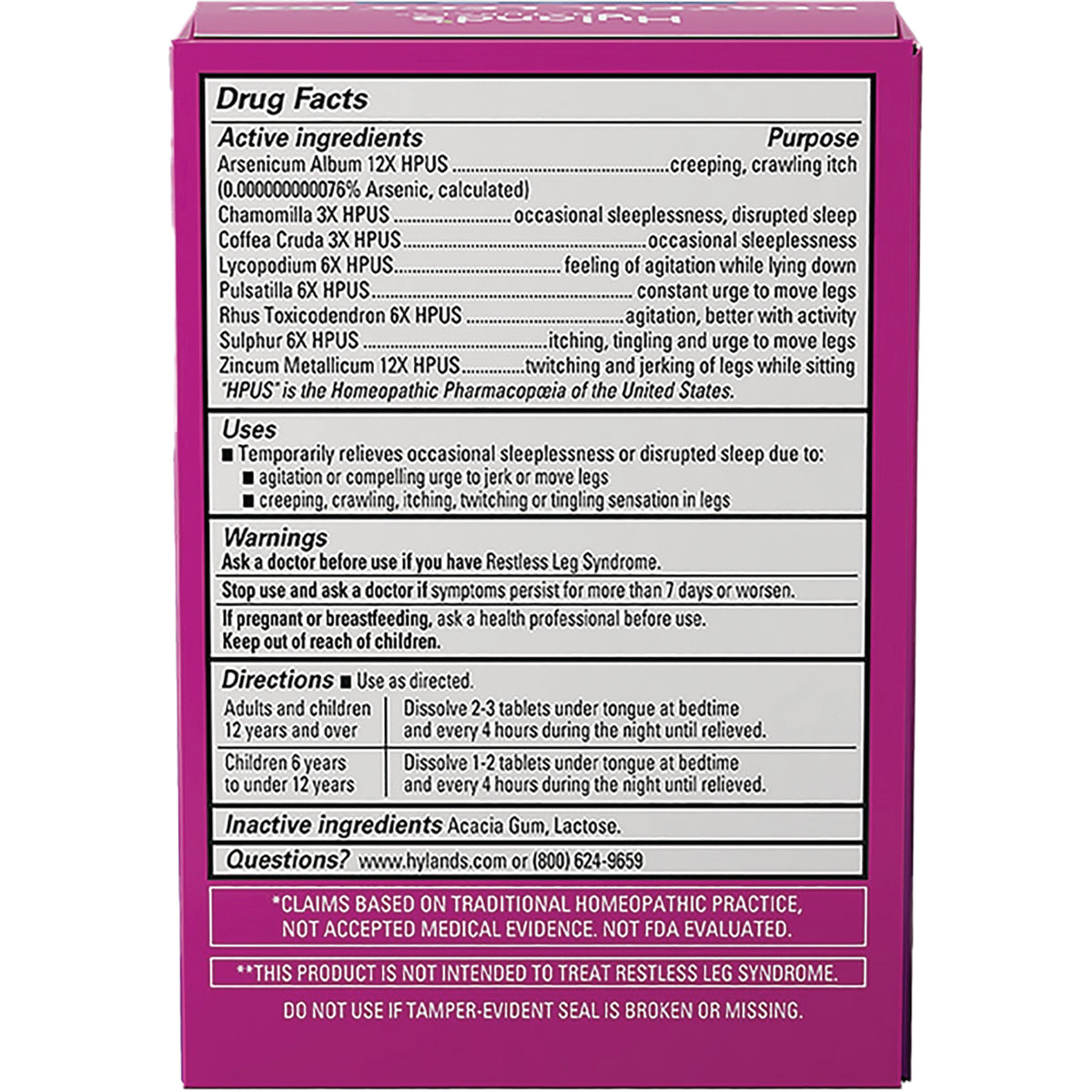 HY263 | Back of magenta product box showing drug facts panel with active ingredients, uses, warnings, and directions