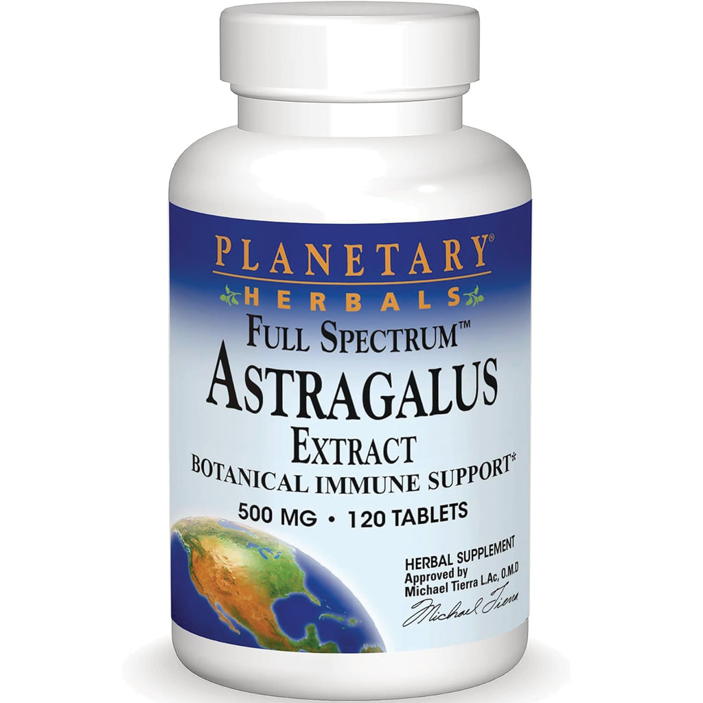 PF096 | white bottle labeled Planetary Herbals Full Spectrum Astragalus Extract 500 MG 120 TABLETS front label - Thumbnail