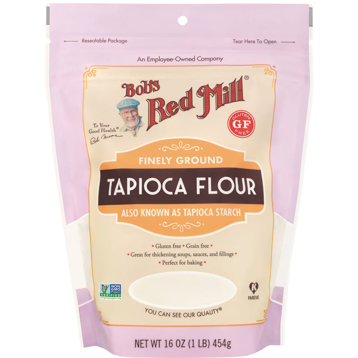 BOB292 | Bob's Red Mill finely ground tapioca flour bag, front-facing resealable 16 oz package