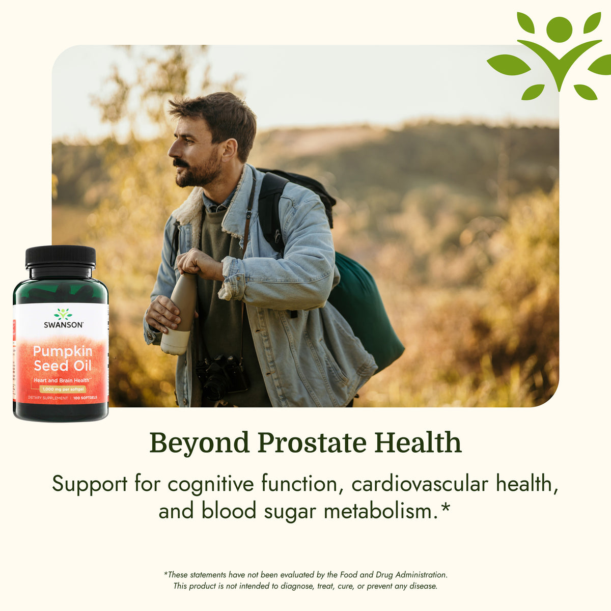 SW364 | Man hiking with Swanson Pumpkin Seed Oil bottle and text: Beyond Prostate Health