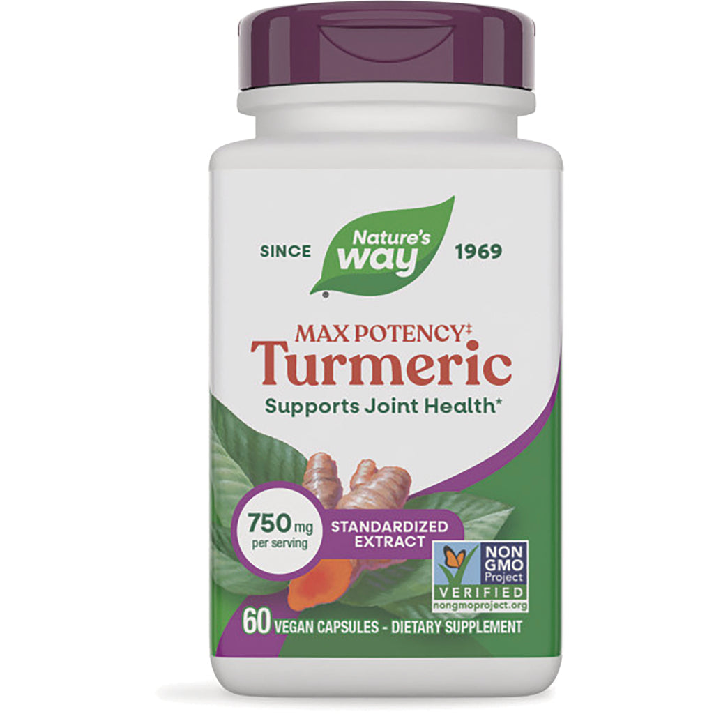 NW872 | Nature's Way Max Potency Turmeric supplement bottle front label showing 750 mg per serving and 60 vegan capsules - Thumbnail
