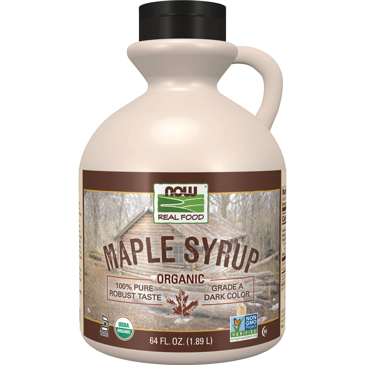 NWF926 | 64 FL. OZ. jug of NOW Real Food maple syrup labeled MAPLE SYRUP ORGANIC, Grade A dark color