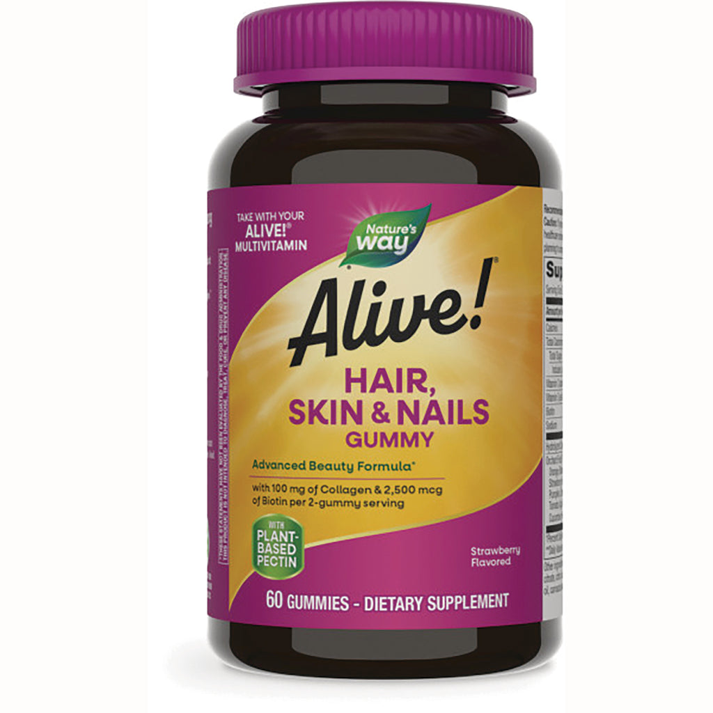 NW976 | Alive! Hair, Skin & Nails gummy bottle 60 gummies strawberry flavored dietary supplement - Thumbnail