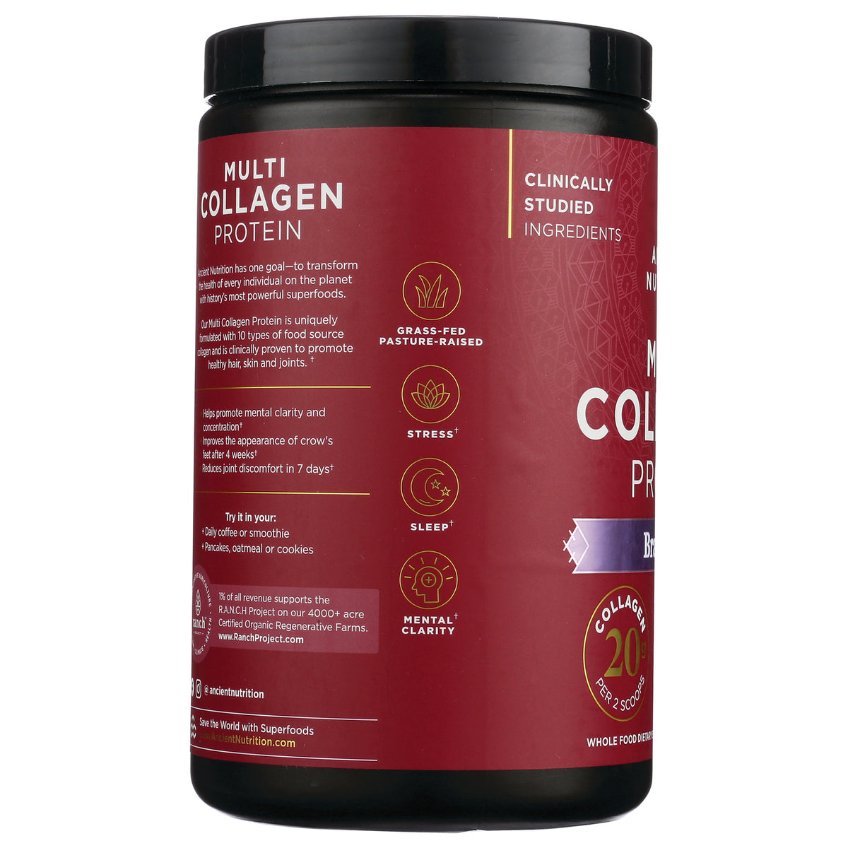 ATN093 | red Multi Collagen Protein jar back panel with ingredient icons for grass-fed, stress, sleep and mental clarity