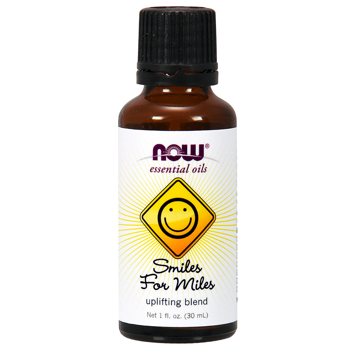 NWF1283 | NOW essential oils Smiles For Miles uplifting blend 1 fl oz amber bottle with black cap