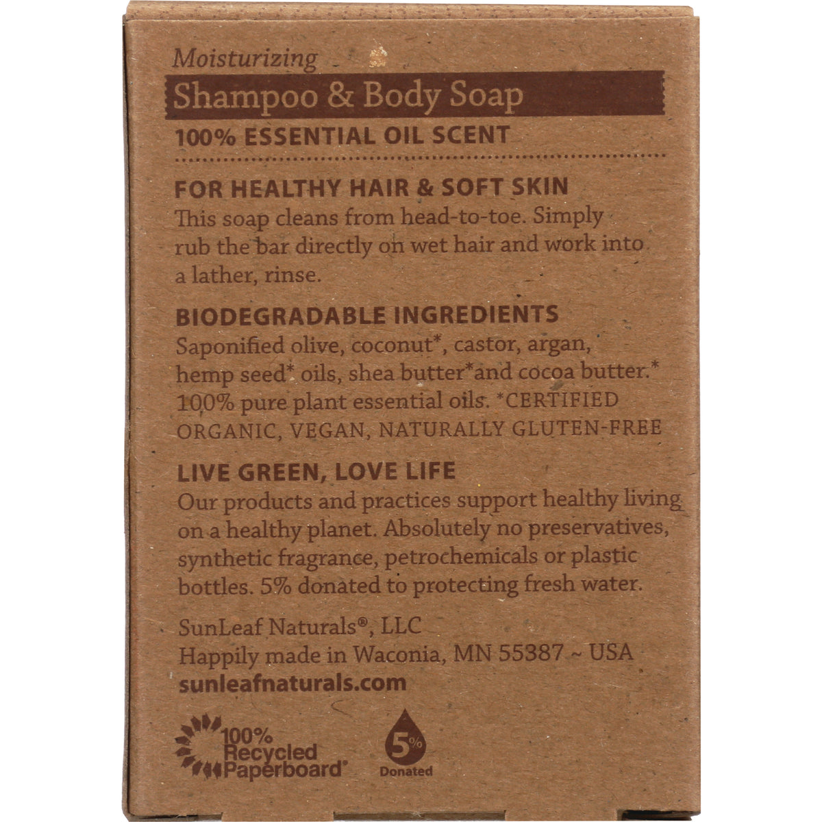 SLN005 | back of brown cardboard Shampoo & Body Soap box showing ingredients, biodegradable claims and company information