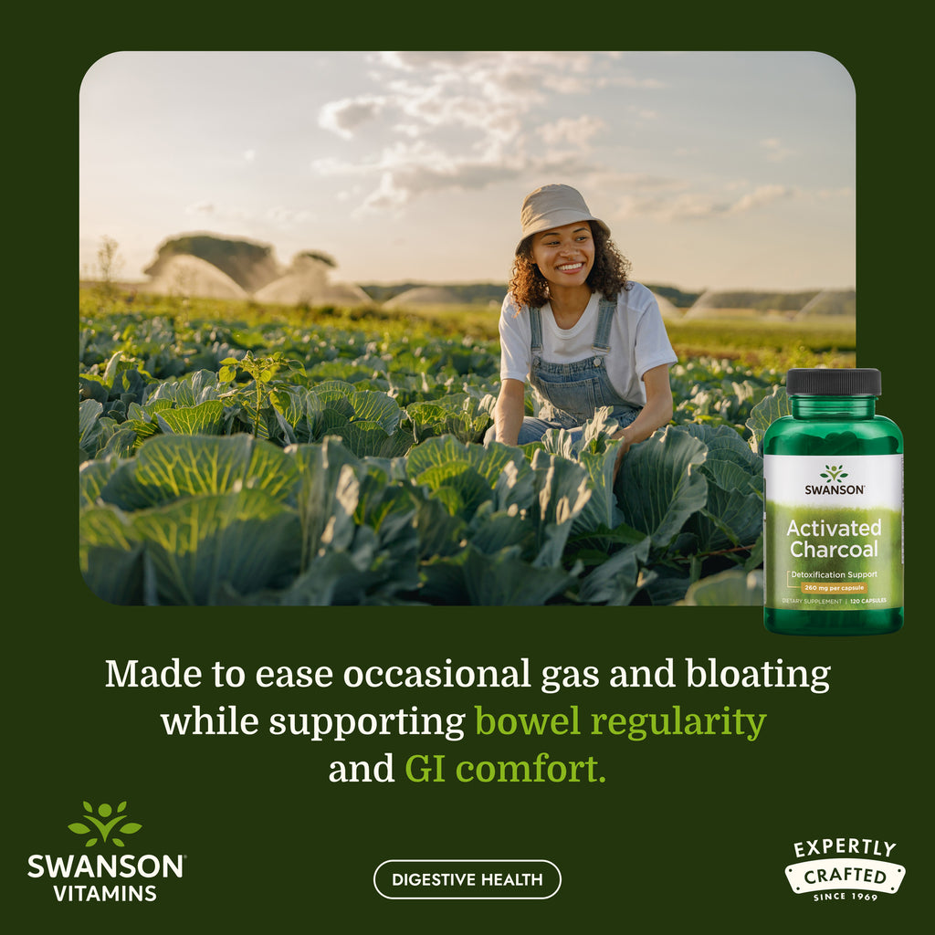 SW1355 | Woman harvests vegetables in a field beside Swanson Activated Charcoal bottle with digestive health messaging - Thumbnail
