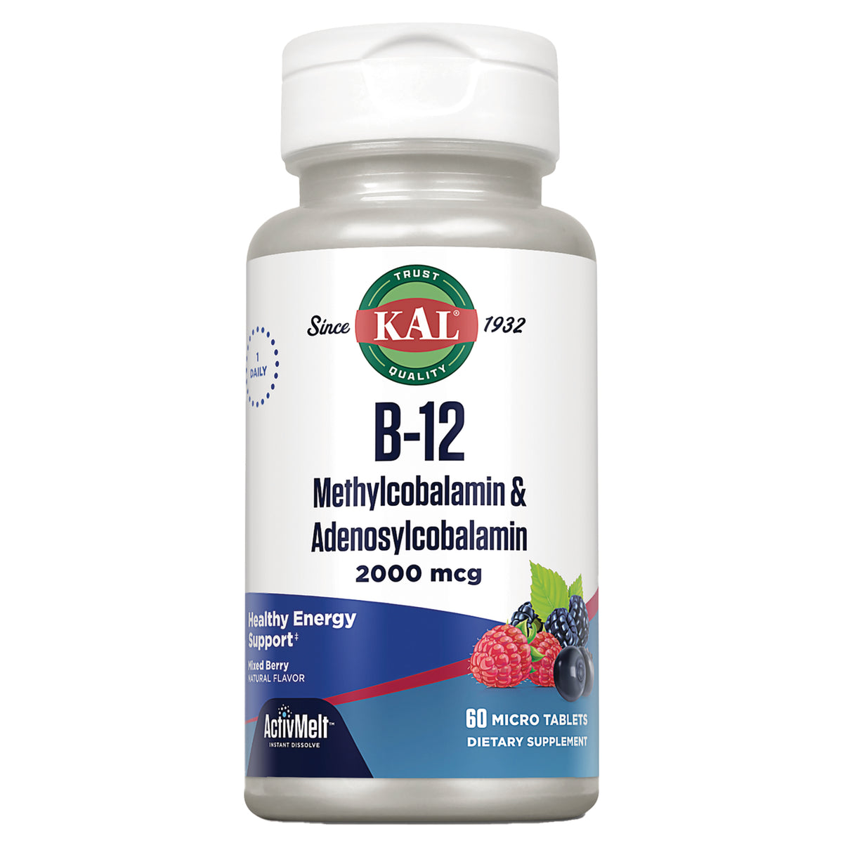 KL571 | KAL B-12 Methylcobalamin & Adenosylcobalamin 2000 mcg bottle, mixed berry 60 micro tablets