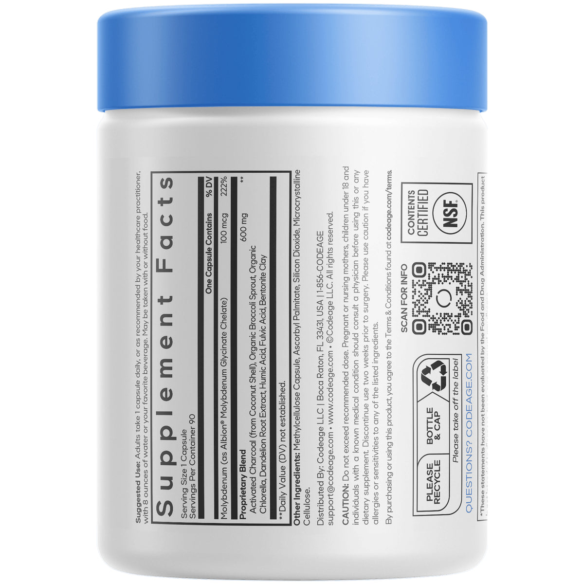 CDG049 | Supplement facts and ingredient panel on white supplement bottle back with QR code and recycling icon