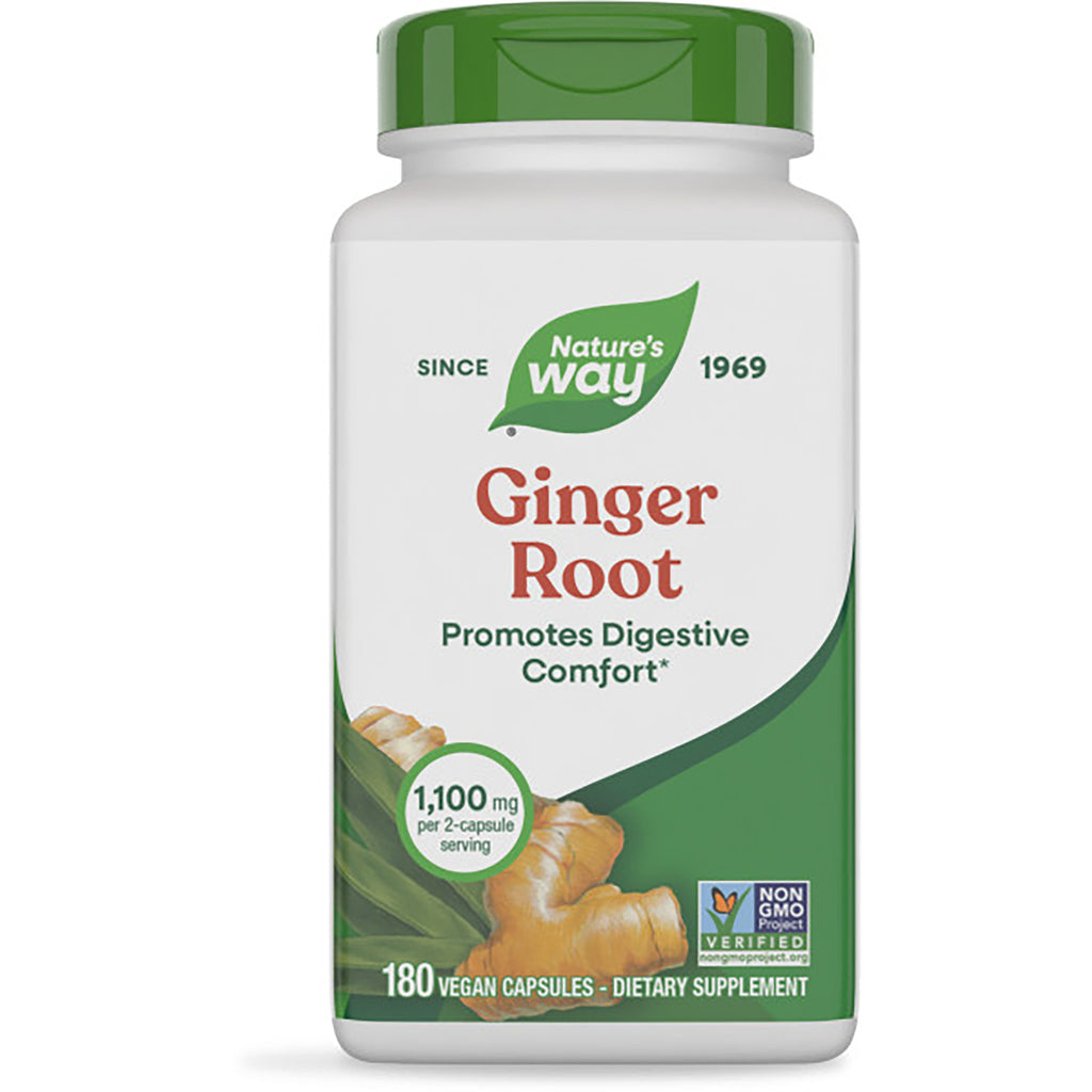 NW486 | Nature's Way Ginger Root supplement bottle, front label reading GINGER ROOT Promotes Digestive Comfort 180 vegan capsules - Thumbnail
