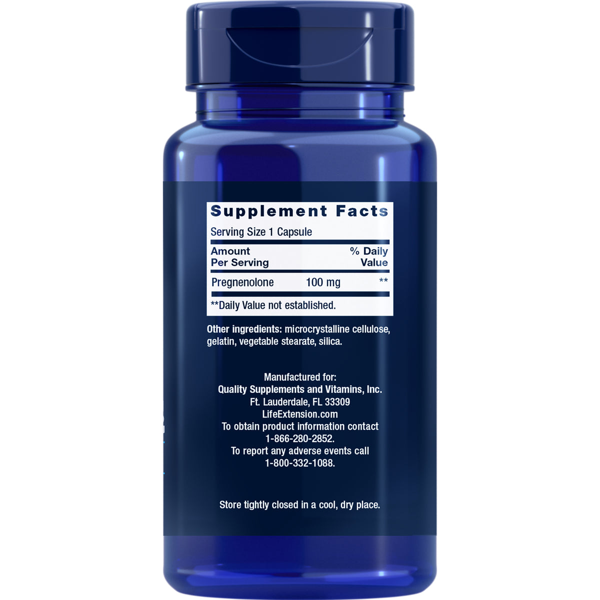 LE137 | Back label of blue supplement bottle with Supplement Facts for Pregnenolone 100 mg