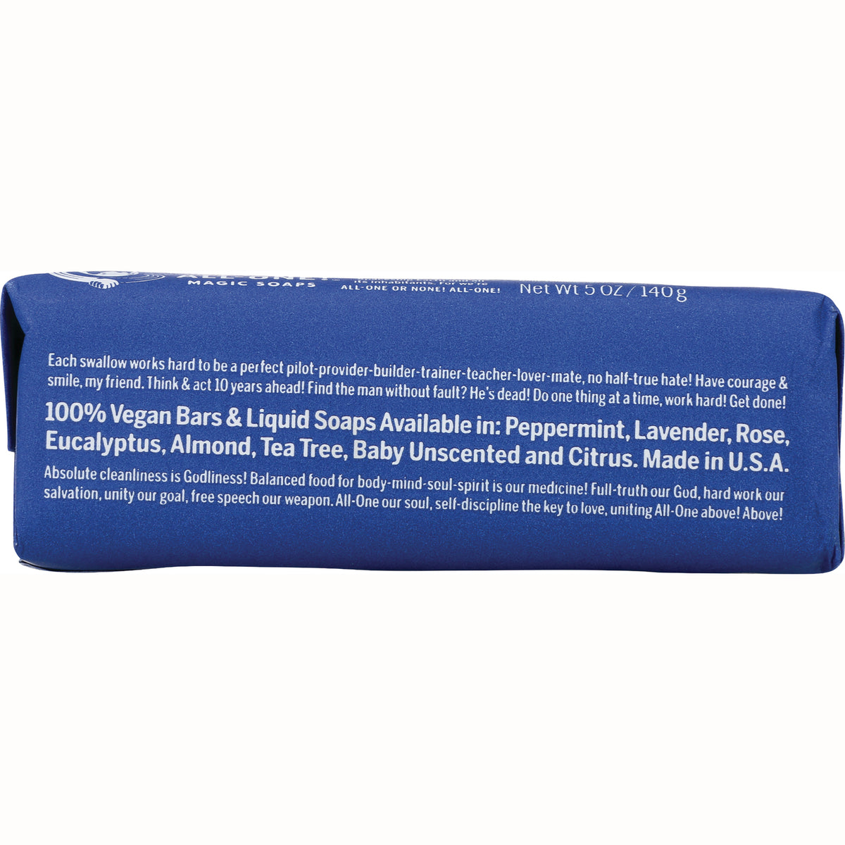 DRB004 | Blue soap wrapper back showing white text 100% Vegan Bars & Liquid Soaps available in Peppermint, Lavender, Rose, Eucalyptus, Almond, Tea Tree, Baby Unscented and Citrus