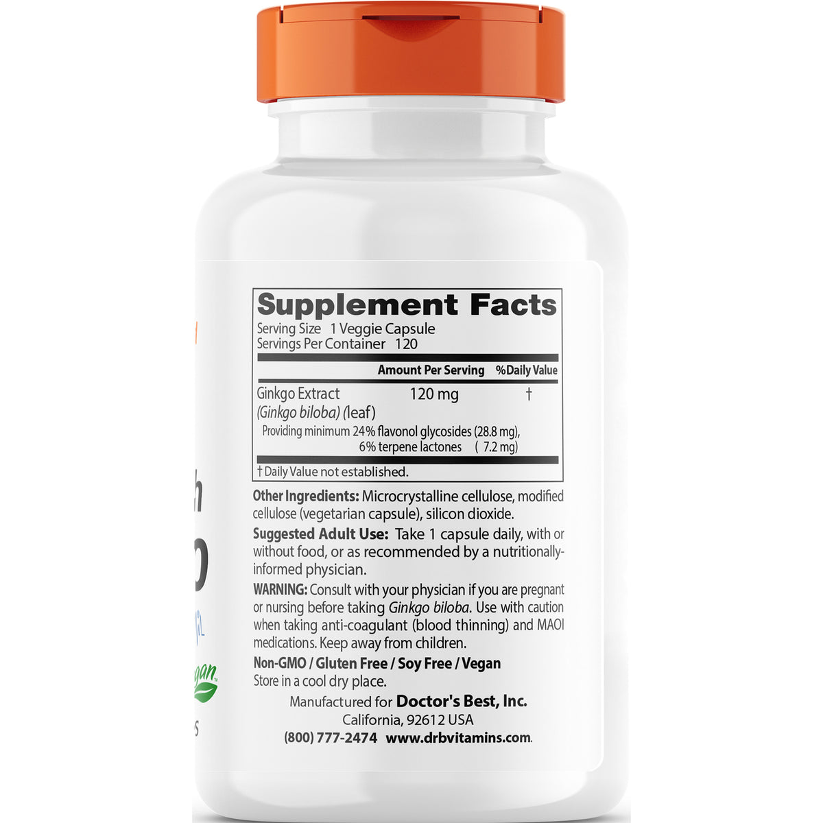 DB108 | back label showing Supplement Facts panel with Ginkgo Extract 120 mg, ingredients and warnings