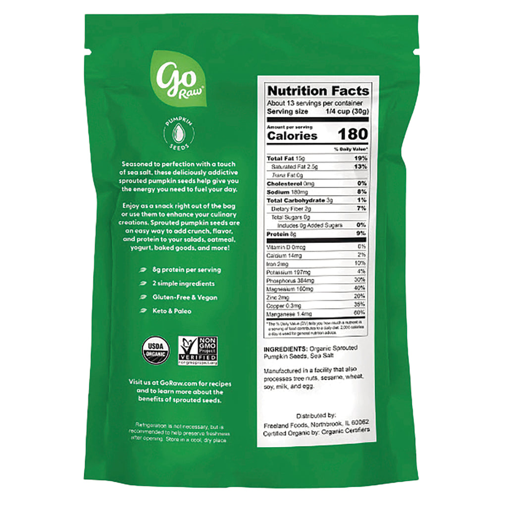 GOR002 | Back of green Go Raw pumpkin seeds pouch showing Nutrition Facts panel and ingredients - Thumbnail