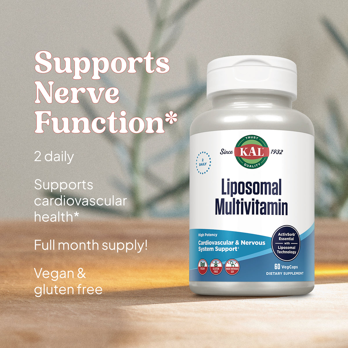 KL592 | KAL Liposomal Multivitamin bottle with text callouts: supports nerve function, cardiovascular health, vegan and gluten free