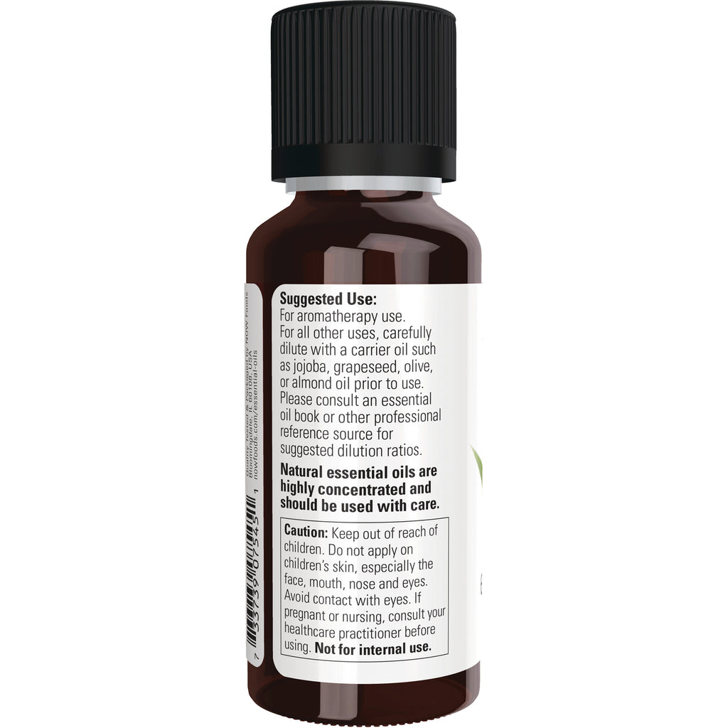 NWF045 | Back of brown essential oil bottle showing suggested use, caution and dilution instructions - Thumbnail