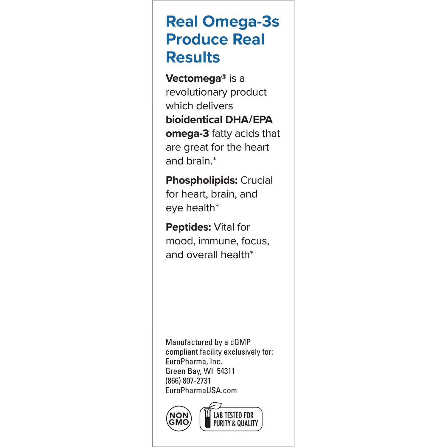 EUR003 | Back panel: Real Omega-3s, Vectomega DHA/EPA, phospholipids, peptides, manufacturer info, Non GMO and lab icons