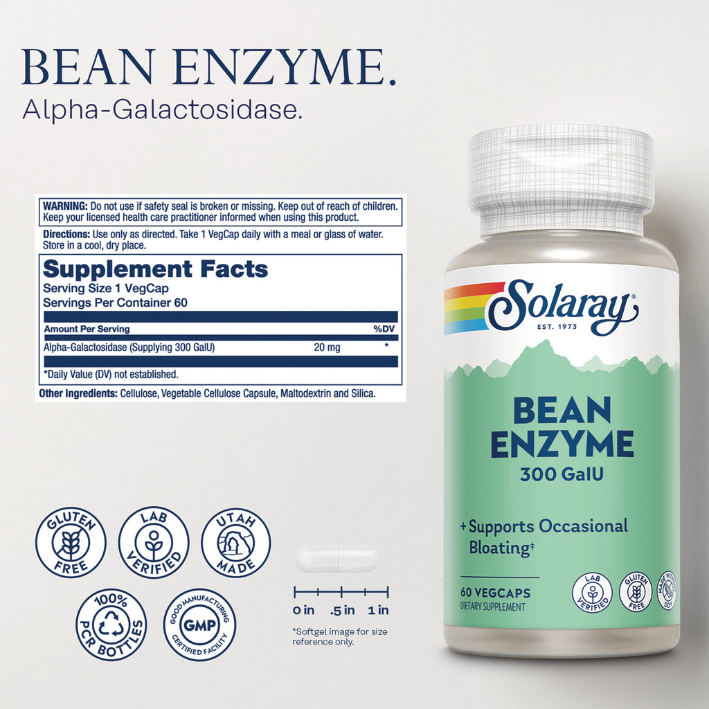 SLR527 | Back label showing Supplement Facts panel and Solaray Bean Enzyme 300 GalU bottle and certification icons - Thumbnail