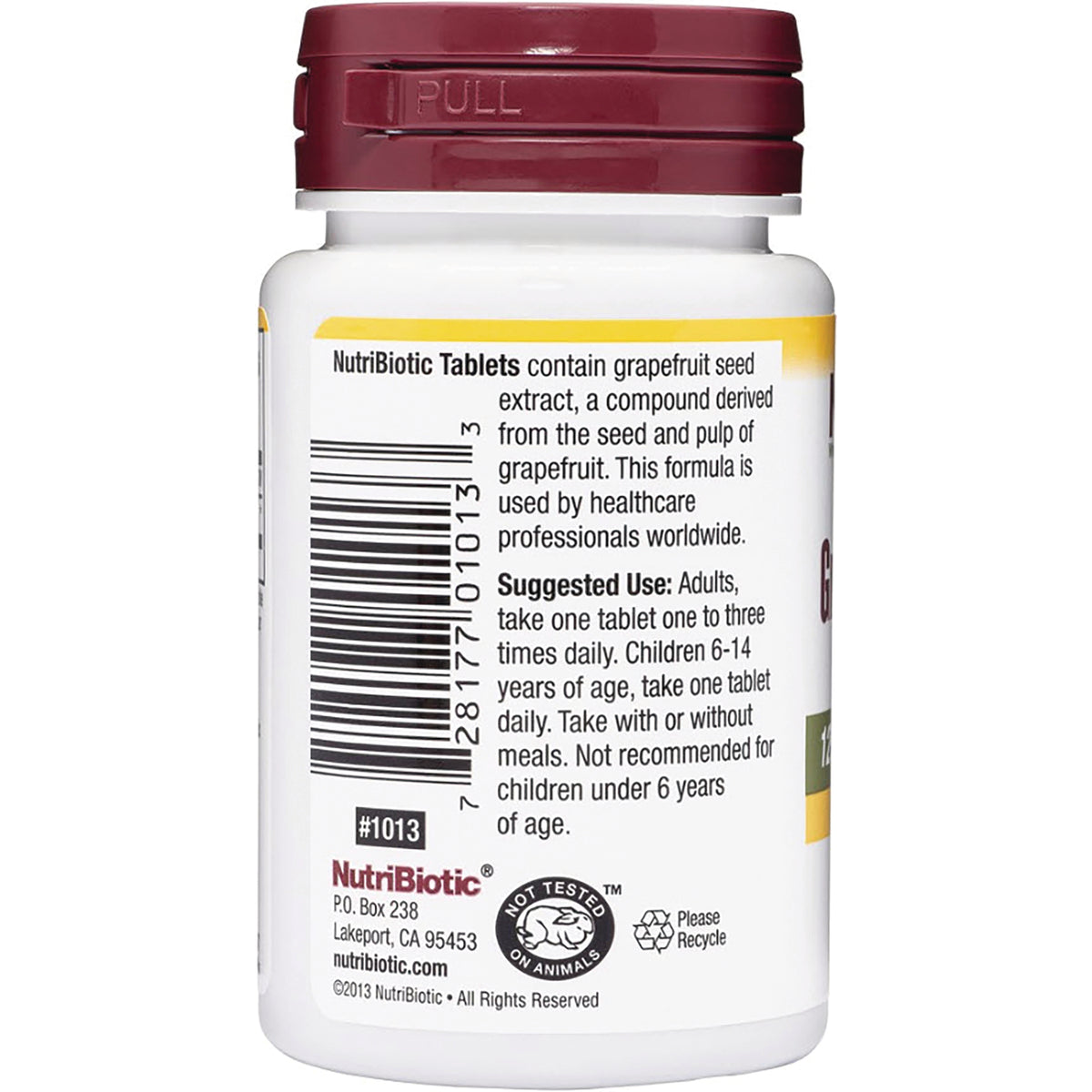 NUB002 | Back of NutriBiotic bottle showing barcode, suggested use instructions and company address
