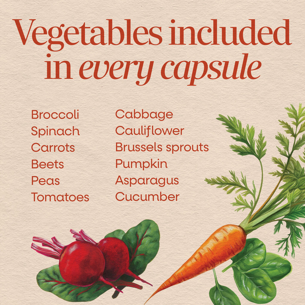 NW561 | product infographic of supplement bottle side label reading The Power of Vegetables with vegan logo and barcode - Thumbnail