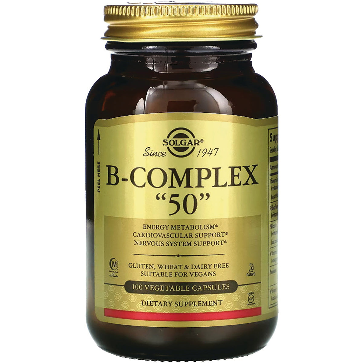 SLG208 | Amber glass bottle with gold label reading B-COMPLEX \