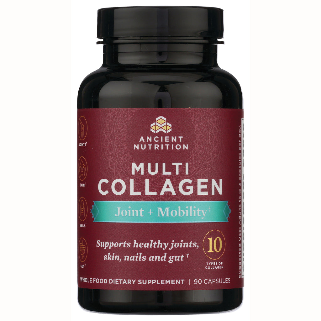 ATN065 | Ancient Nutrition Multi Collagen Joint + Mobility bottle front label with maroon wrap and 90 capsules - Thumbnail