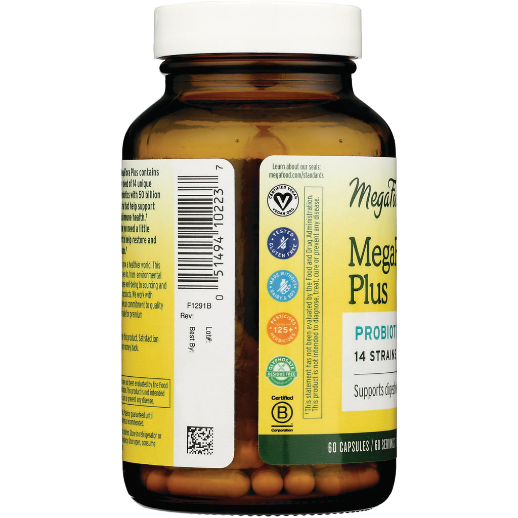 MGF061 | side of amber supplement bottle label showing barcode, certification icons and visible capsules - Thumbnail