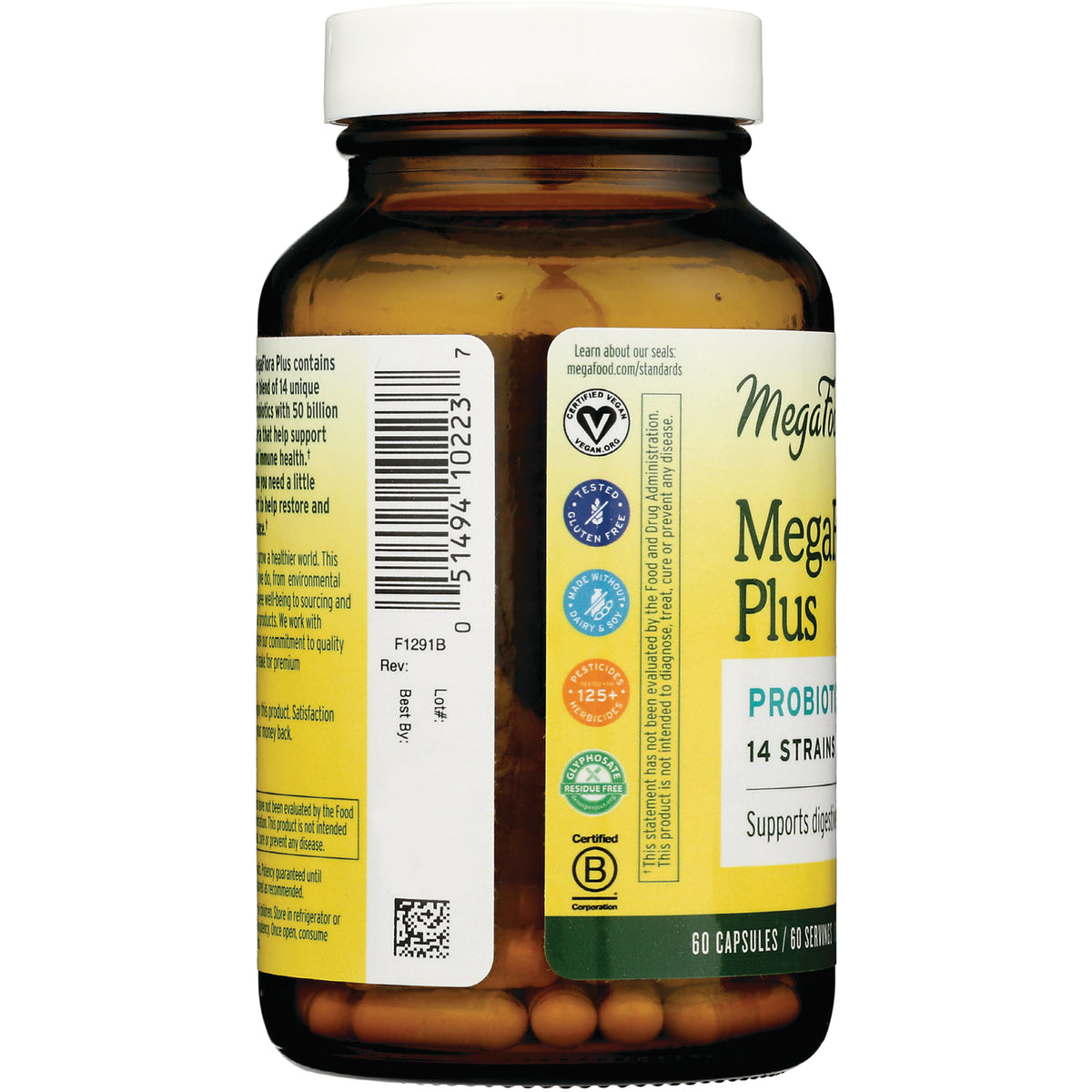 MGF061 | side of amber supplement bottle label showing barcode, certification icons and visible capsules