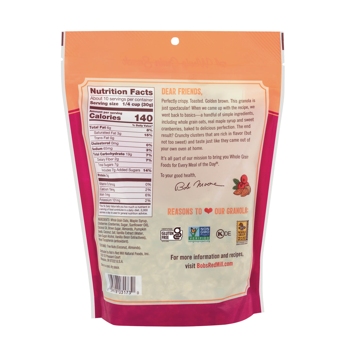 BOB476 | Back of granola pouch showing nutrition facts panel, ingredient list, certification logos and barcode