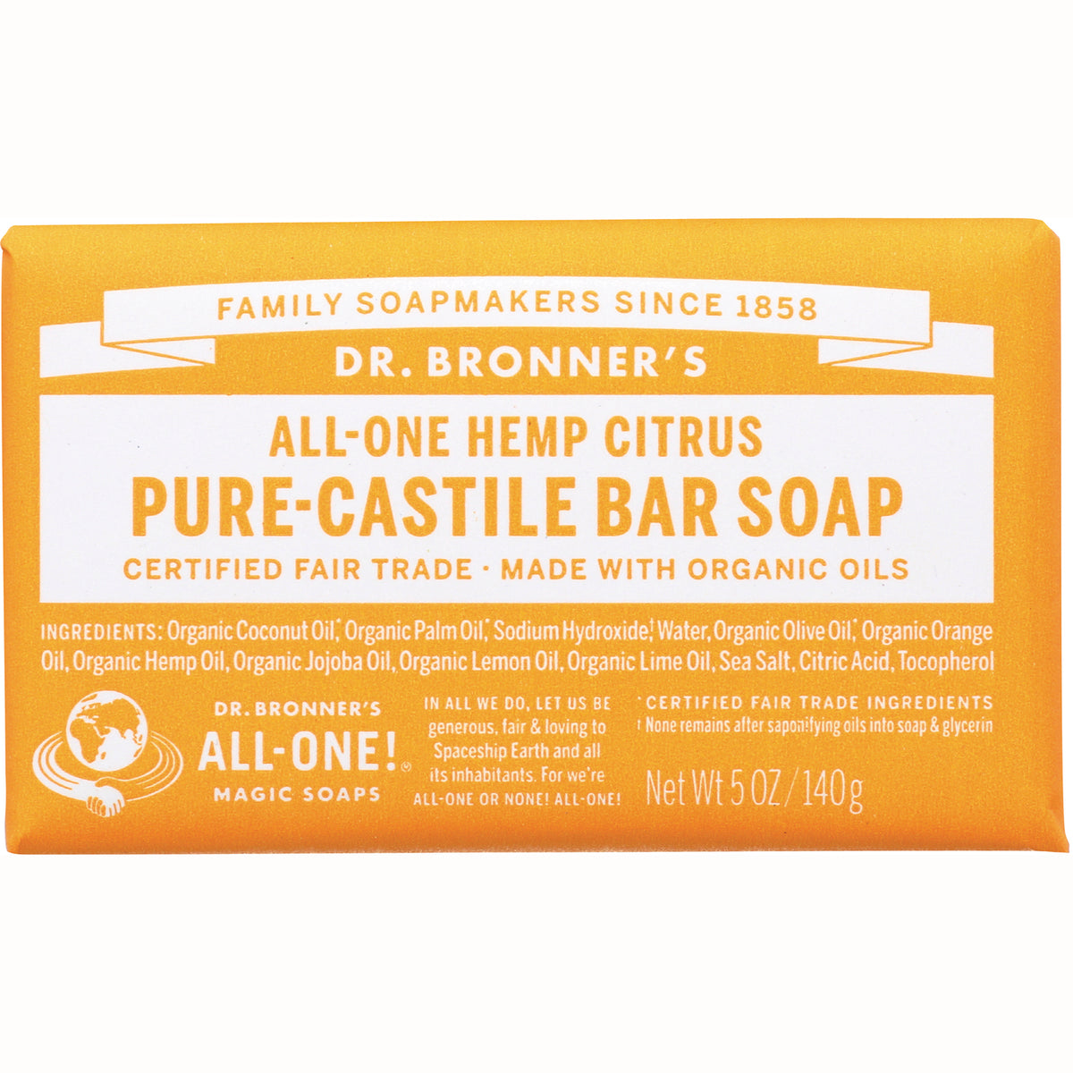 DRB020 | DR. BRONNER'S All-One Hemp Citrus pure-castile bar soap front packaging