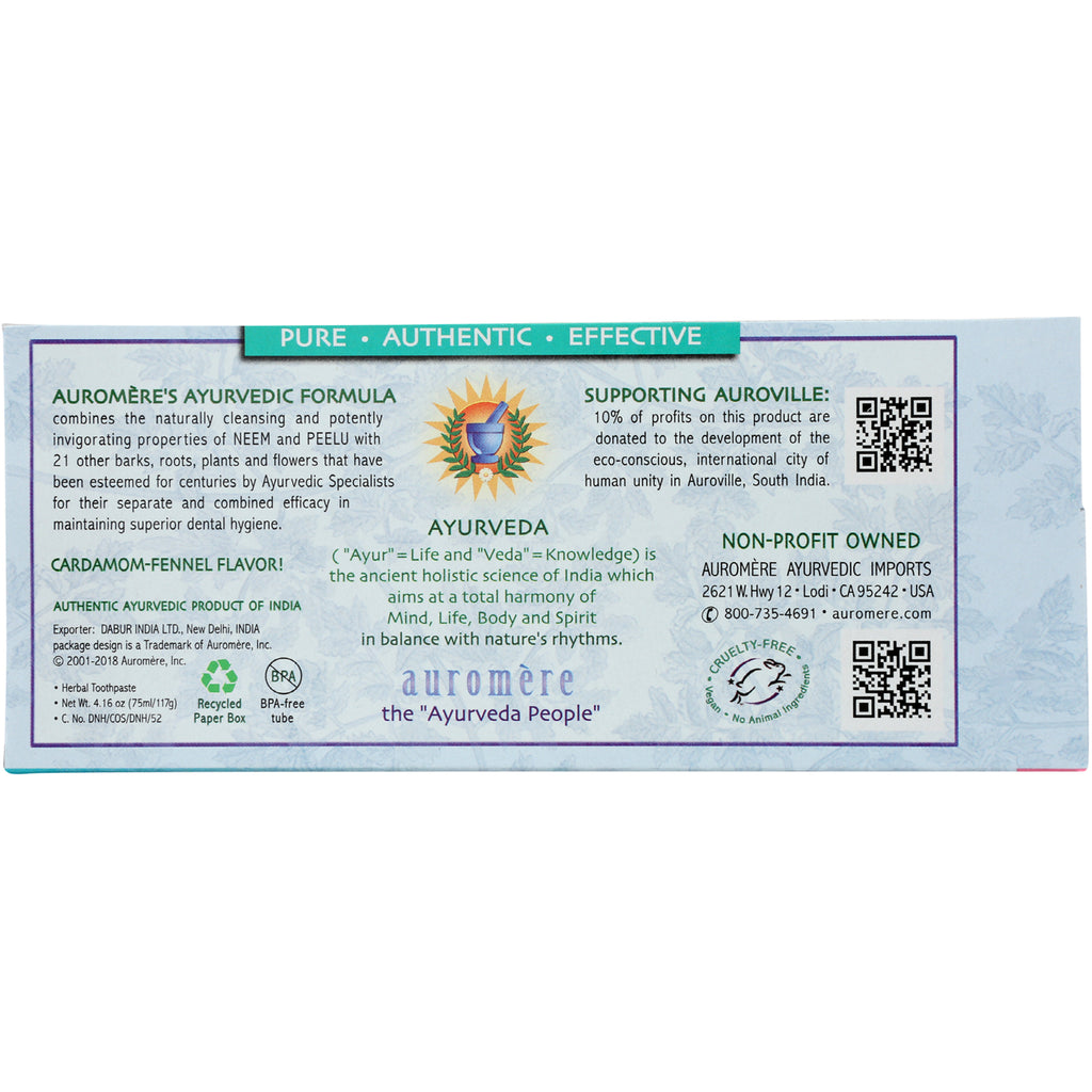 AUR008 | Back panel of Auromre toothpaste box showing Ayurvedic formula, cardamom-fennel flavor and company information - Thumbnail