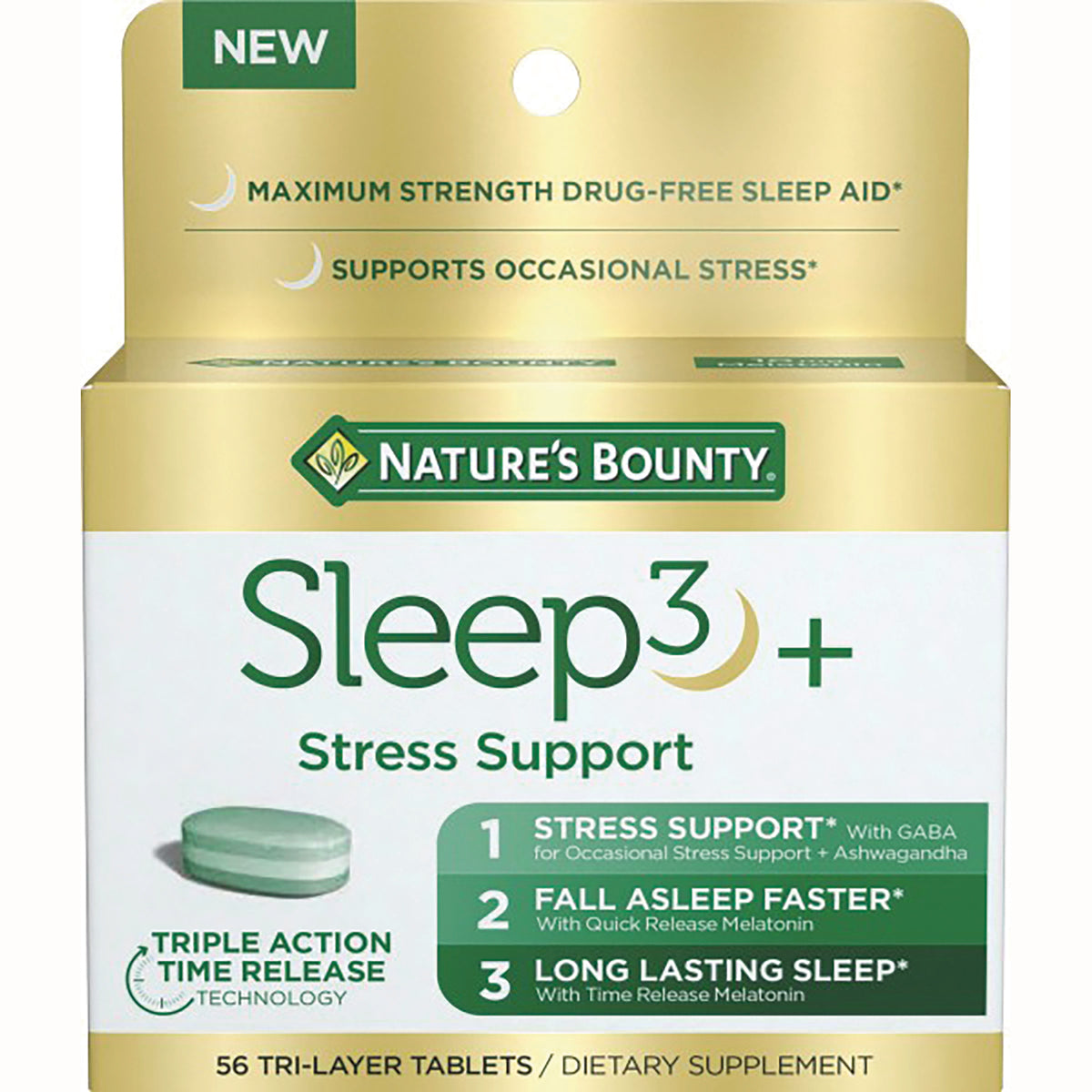 NBY096 | Nature's Bounty Sleep3+ Stress Support box front showing product name and triple action time-release tablets