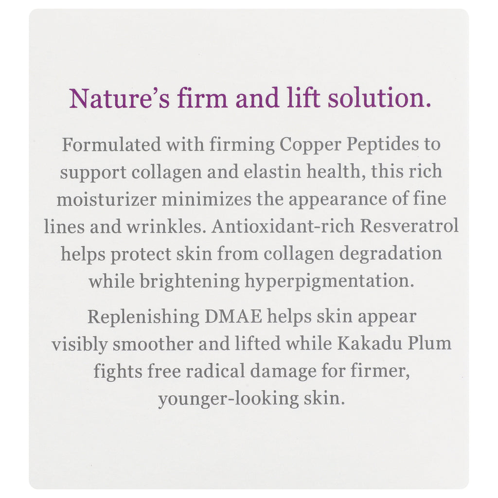 DE008 | Product infographic titled Nature's firm and lift solution; mentions copper peptides, resveratrol, DMAE and Kakadu Plum - Thumbnail