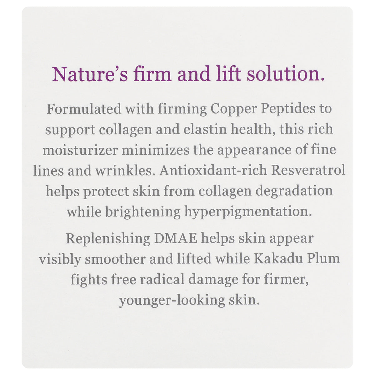 DE008 | Product infographic titled Nature's firm and lift solution; mentions copper peptides, resveratrol, DMAE and Kakadu Plum